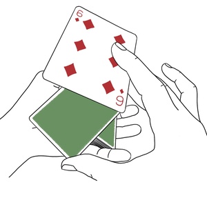Dessin technique de mains manipulant des cartes