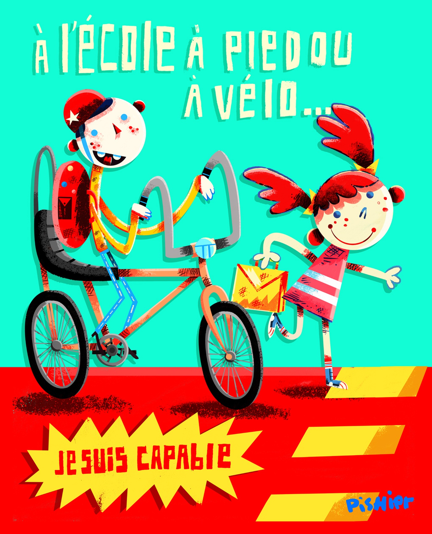 PisHier - affiche : À l'école à pied ou à vélo...